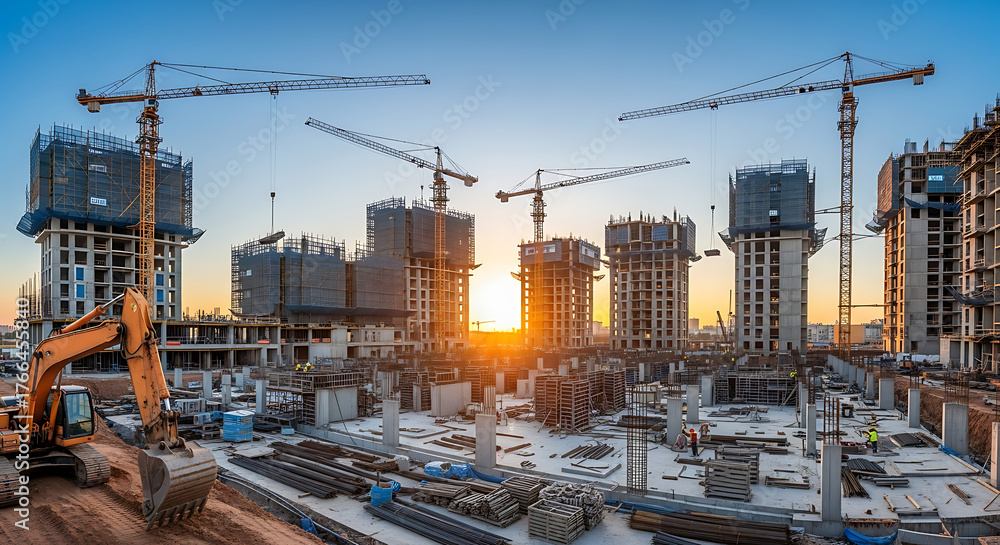 Naklejka premium Vibrant cityscape under construction with towering cranes at sunset