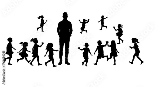 Generational Contrast

A black and white silhouette composition showing an adult surrounded by children of different ages. The adult stands still and centered, while the children around them move in v