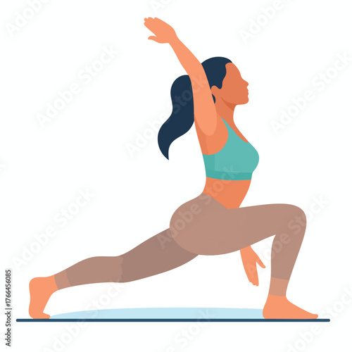 Woman in sportswear performing a yoga lunge pose on a mat, arm raised, side view.