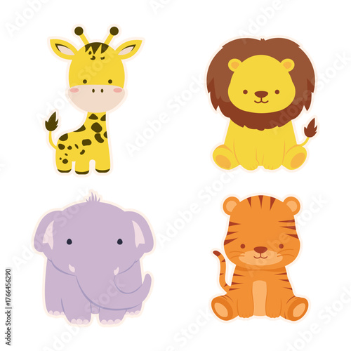 Cute Safari Animal Vector Set Giraffe, Lion, Elephant & Tiger BIG.eps
