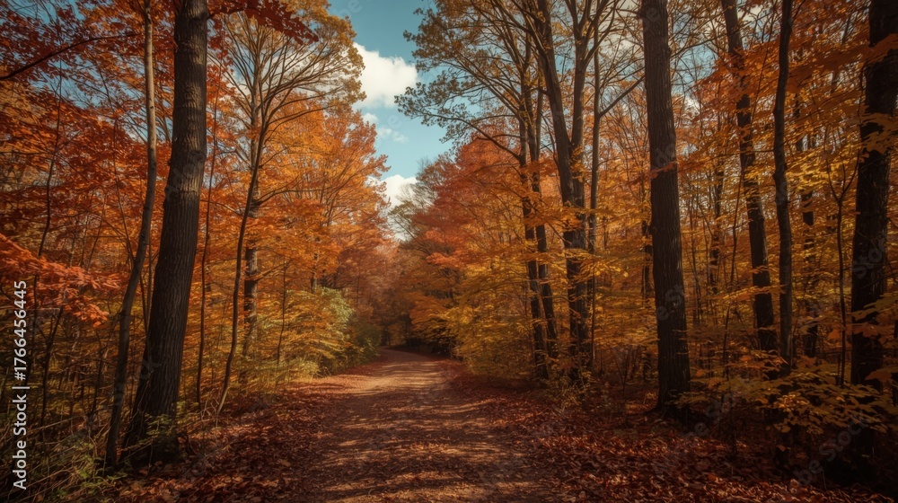 Obraz premium A forest path covered in fallen leaves with trees displaying autumn colors under a partly cloudy sky