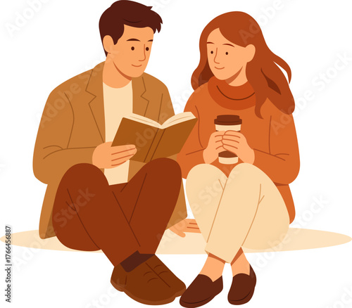 Cozy flat vector of a couple sitting together, reading a book and drinking coffee. Perfect for love, leisure time, autumn mood, relationship, and relaxation concepts.