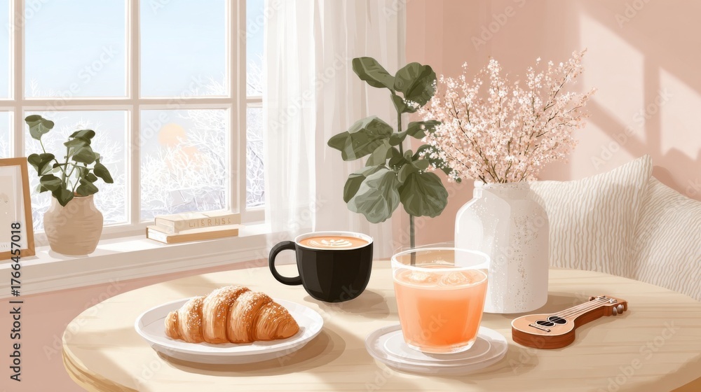 Fototapeta premium A cozy breakfast setting with coffee, juice, a croissant, and flowers near a sunny window.