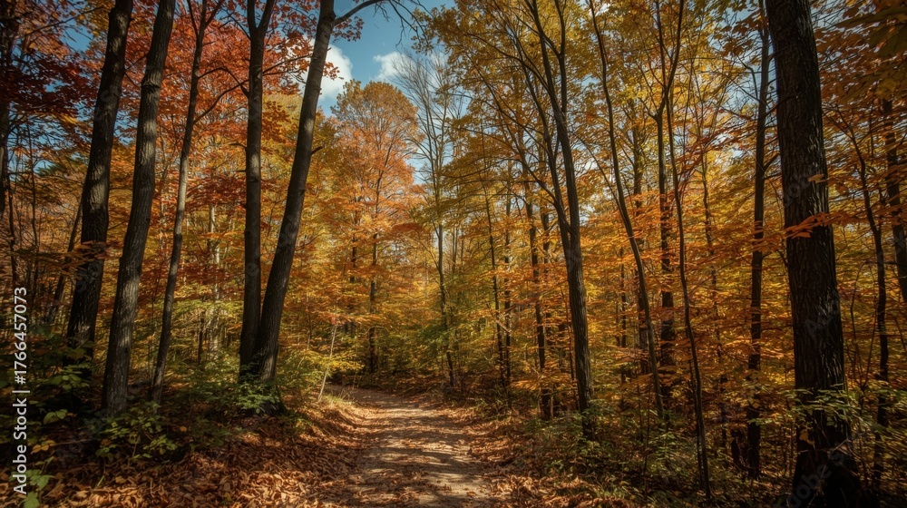 Obraz premium A path winding through a vibrant autumn forest with colorful leaves and tall trees under a blue sky