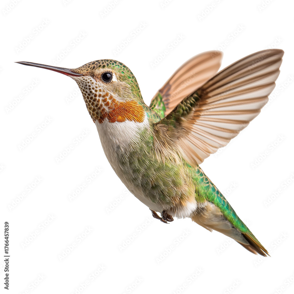 Obraz premium Small colorful hummingbird flying with wings spread isolated on pure white background.