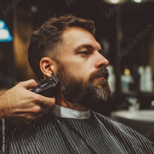Close-up of a man with beard receiving a trim at modern barber shop.