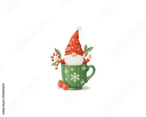 Christmas Gnome in a Mug with Candy Cane and Holly Decorations