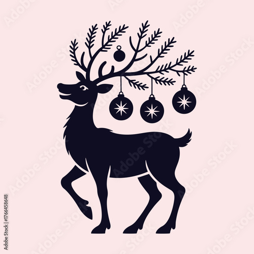 Dark blue silhouette of a reindeer with festive ornaments hanging from its antlers on a light pink background