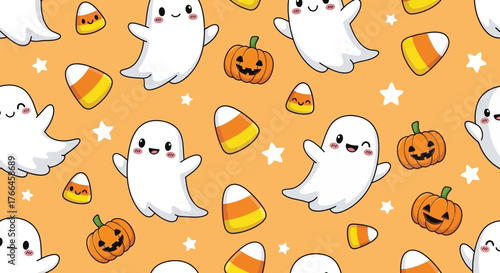 Cute Halloween Pattern with Ghosts, Pumpkins, and Candy Corn.
