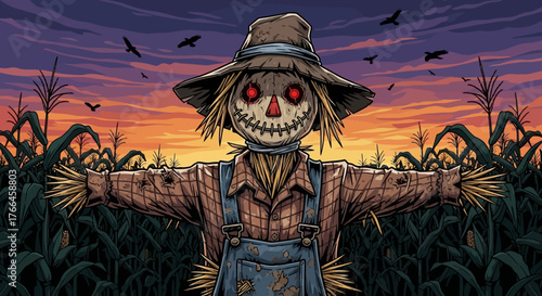 Eerie Scarecrow with Glowing Eyes in a Cornfield at Dusk.