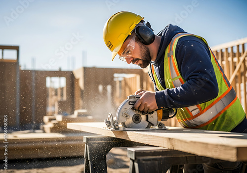 Skilled construction worker using a circular saw to cut wood on a sunny day site