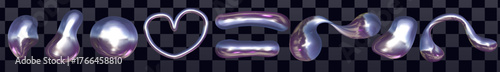 Abstract 3D chrome heart with smooth fluid lines. Shiny Y2K metal form glows with metallic reflections and sleek 3D chrome detail.
