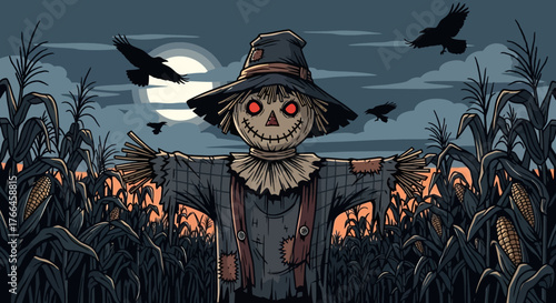 Eerie Scarecrow in Cornfield under Moonlight with Crows.
