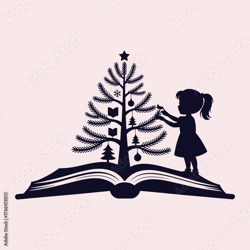 Silhouette of a girl decorating a Christmas tree growing from an open book child