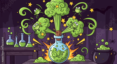 Cartoon Potion Explosion - Bubbling Green Liquid and Whimsical Characters.