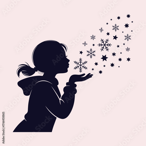 Silhouette of a girl blowing snowflakes and stars against a light pink background vector