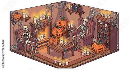 Isometric Halloween Scene with Skeletons and Pumpkins.