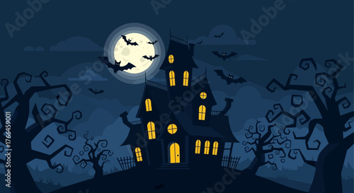 Spooky Haunted House with Bats Flying Under a Full Moon.
