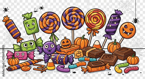 Halloween Candy Assortment with Lollipops, Chocolate Bars, and Candy Corn.