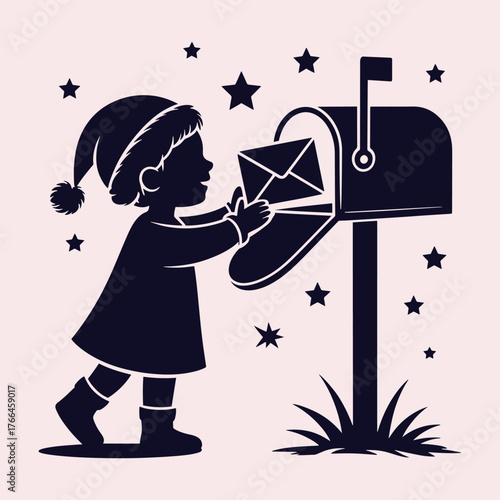 Silhouette of child in santa hat putting letter in mailbox with stars vector