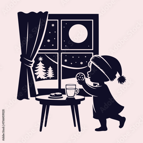 Silhouette of a child in pajamas reaching for a cookie by a window at night with snow falling milk