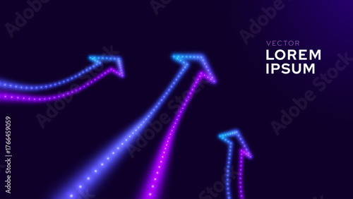 3D Neon Lights Arrow. Abstract Minimalist Business Start Up Growth Concept Background. Colorful Neon Lights In a Shape of Ascending Arrow. Profit and Investment Vector Illustration.