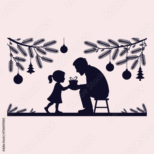 Silhouette of a father and daughter exchanging a gift under a decorated Christmas tree present giving