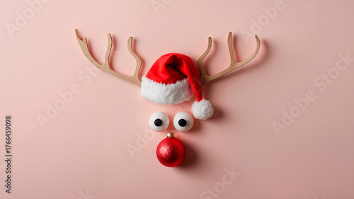 Creative minimalist Christmas reindeer face made from simple objects on pastel pink background, modern flat lay holiday concept with Santa hat and red nose. Toy style. Banner. 
