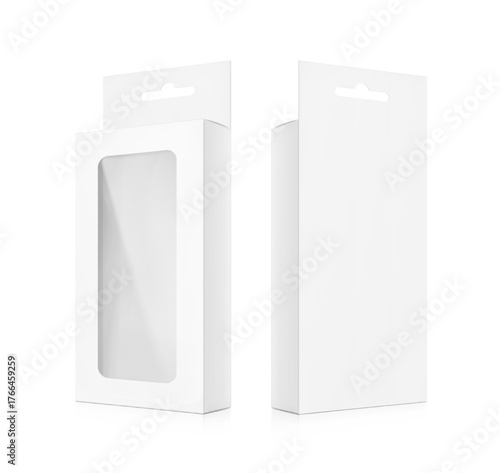 Universal mockup of blank cardboard box with transparent window and hang slot. Vector illustration isolated on white background, ready and simple to use for your design. EPS10.