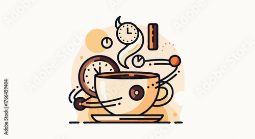 Flat vector illustration of coffee time concept cup of hot coffee with clock elements, warm tones, minimal background, thick outline, modern cartoon style