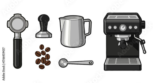 Flat vector illustration of barista tools set portafilter, tamper, milk jug, espresso machine, coffee beans, and measuring spoon, arranged neatly, thick outline, white background