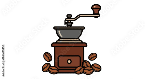 Flat vector illustration of manual coffee grinder with scattered coffee beans, thick outline, warm color palette, minimal design, white background