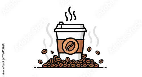 Flat vector icon of takeaway coffee cup with lid and coffee bean logo, surrounded by coffee beans and steam, bold outline, minimal background, clean modern style