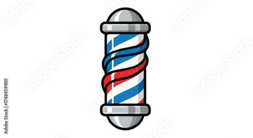 Barber pole icon, red white blue spiral stripes, metallic top and bottom, isolated on white background, flat vector illustration with thick outline and modern minimal color palette