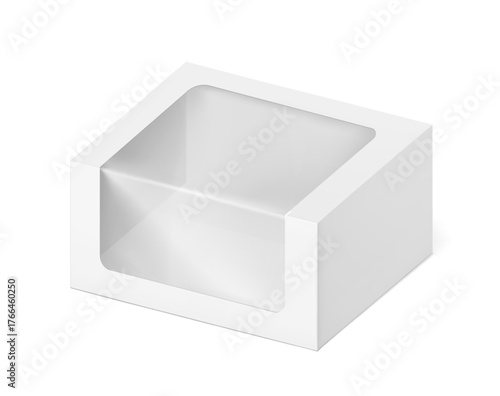 Universal mockup of blank cardboard box with transparent window. Vector illustration isolated on white background, ready and simple to use for your design. EPS10.