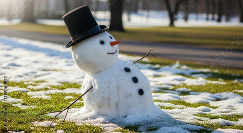 Snowman melting in sunlight with tilted hat in park, seasonal change and climate effects