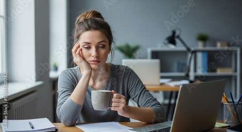 Overworked woman with coffee mug at desk in home office, workplace stress and fatigue