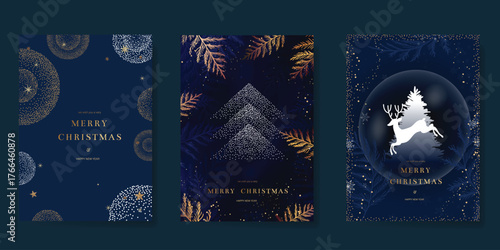 Christmas and Happy Holidays card vector set. Luxury gold victorian frame, leaves branch, flower, star, snowflake on navy blue background. Design illustration for poster, cover, invitation, ads.
