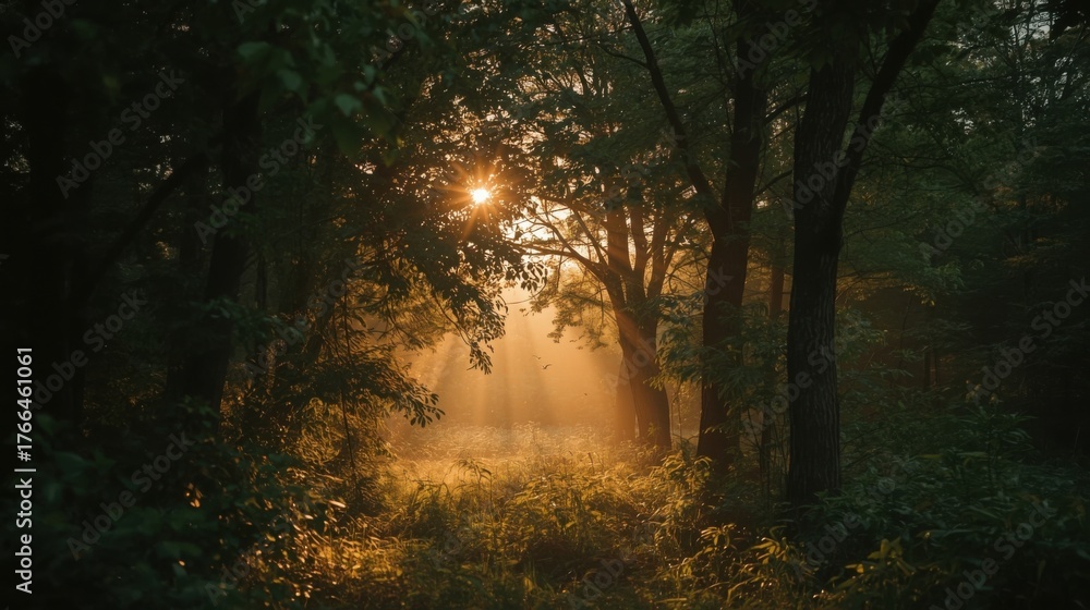 Obraz premium Sunlight shining through trees in a forest creating a mystical and ethereal atmosphere at golden hour