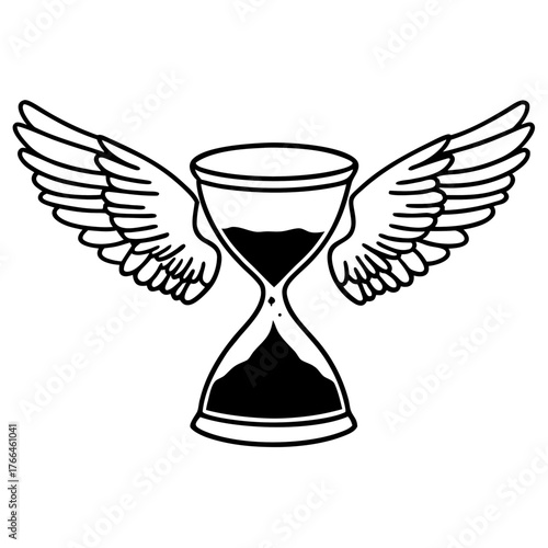 Winged hourglass symbolizing fleeting time and freedom in minimalist black and white design