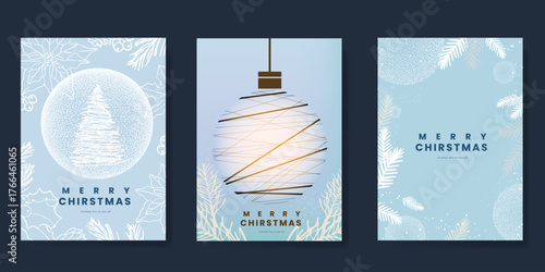 Christmas and Happy Holidays card vector set. Luxury gold victorian frame, leaves branch, flower, star, snowflake on navy blue background. Design illustration for poster, cover, invitation, ads.
