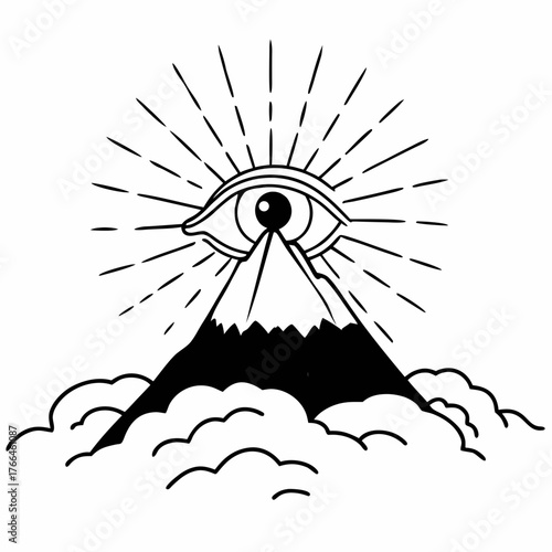 Surreal eye on mountain peak with radiant halo and clouds, mystical and symbolic line art style