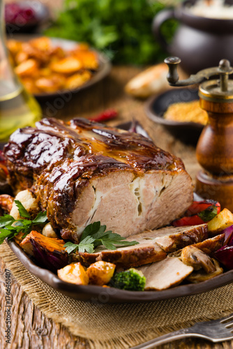 Whole roasted pork neck.