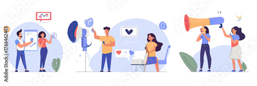 Social media marketing concept with characters posting content, using megaphones, sending messages, and engaging audience in flat minimalist style vector illustration