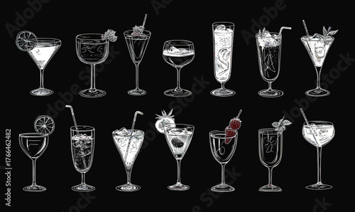 Set of 14 hand-drawn white outline cocktails in various glass styles with garnishes on black background, bar drinks collection vector illustration for menu designs and nightlife themes