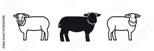 Vector line art illustration of three sheep side view standing in a row with flat minimalist black and white stroke style suitable for farming wool or livestock concept