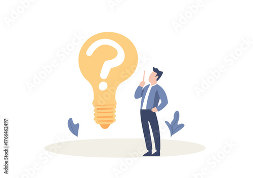 Businessman standing with thoughtful pose next to large yellow light bulb featuring question mark symbol for problem solving creative ideas and innovation concept flat vector illustration