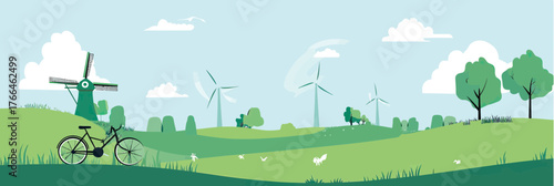 Sustainable green landscape with traditional windmill, modern wind turbines, bicycle on rolling hills under blue sky with clouds and trees in flat minimalist vector style