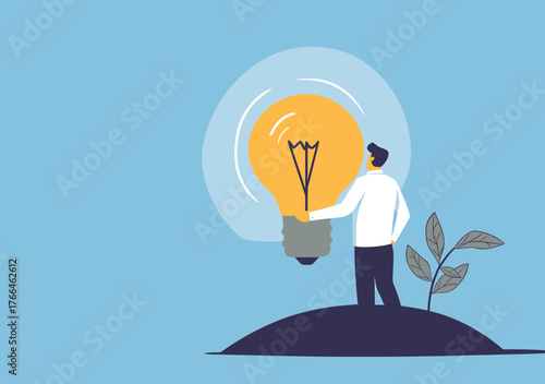 Businessman holding glowing light bulb growing from soil near sprouting plant symbolizing innovation creativity and new ideas for success and growth in business concept flat vector