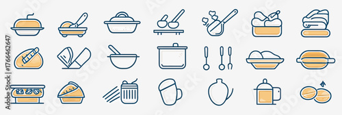 Minimalist line art cooking and baking icons set including covered dish, chopping board, mixing bowl, pot, utensils, pie, rolling pin, bread, tomato, and kitchen tools in flat vector style